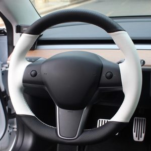 CARDAK Perforated Black Artificial Leather White Car Steering Wheel Cover For Tesla Model 3 (2017-2020) Model 3